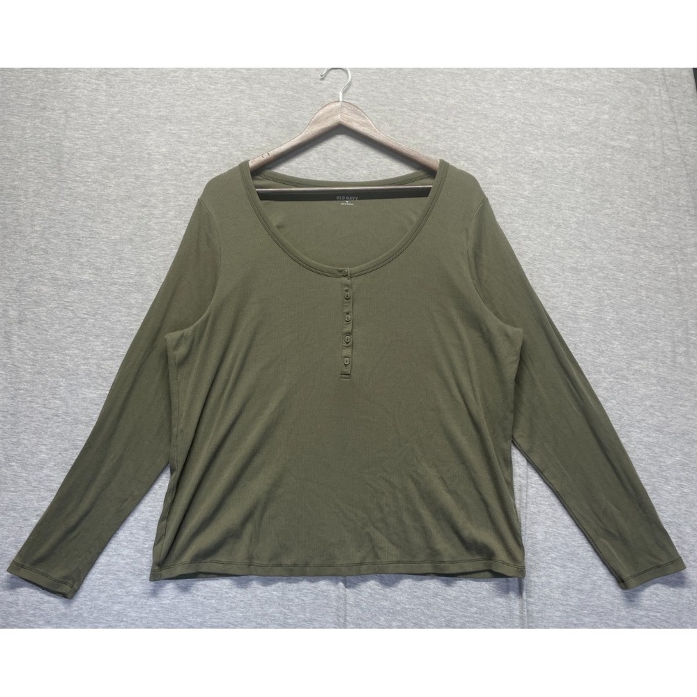 Old Navy Fitted Rib Knit Henley T Shirt Womens 3X Olive Green Cotton Scoop Neck